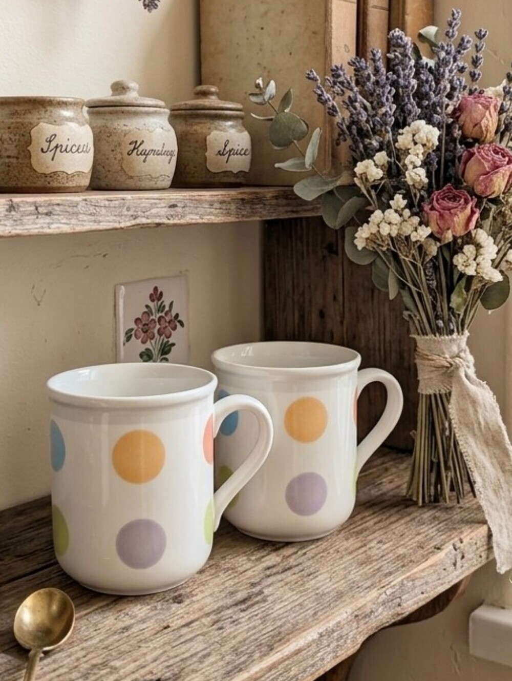 VTG Villeroy & Boch Bonjour Polka Dot Ceramic Mugs - Set of 2